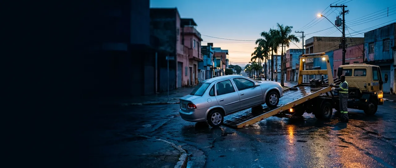 Carro sendo retirado por um guincho em uma rua residencial brasileira ao amanhecer