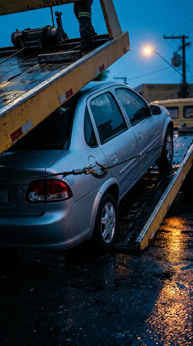 Carro prata sendo içado pela plataforma de um guincho em uma rua brasileira ao amanhecer