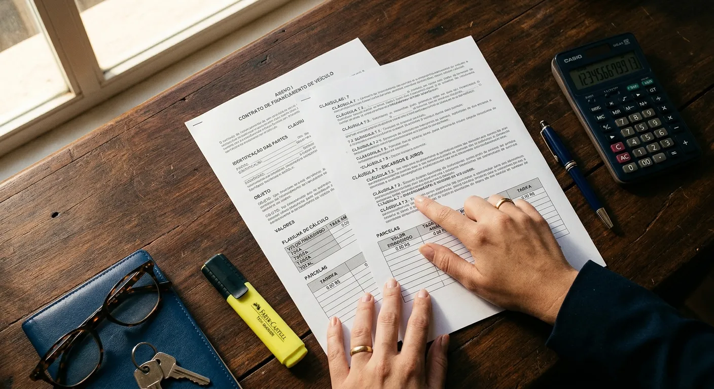 Mãos apontando uma cláusula do contrato de financiamento de veículo, com calculadora, chaves e óculos sobre a mesa
